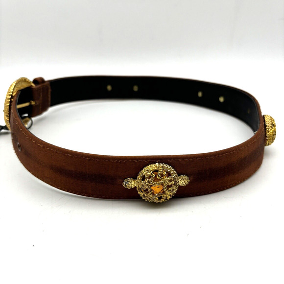 NEW Vintage 80s Cipriani 0179 Brown Satin Gold Filigree Gemstone Waist Belt M 30 main image 9